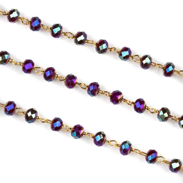 Handmade Gold Plated Brass Delicate Chain with 2mm Dark Garnet Red AB Crystal Rondelle Beads - 1 foot