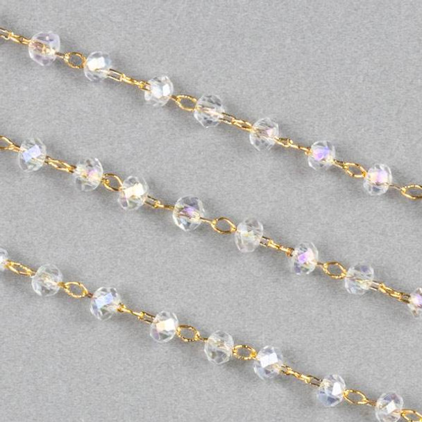 Handmade Gold Plated Brass Delicate Chain with 2mm Clear AB Crystal Rondelle Beads - 1 foot