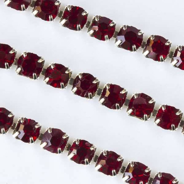 Silver Base Metal 3mm Rhinestone Cup Chain with Garnet Red Crystals - 1 foot