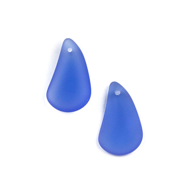 Matte Glass, Sea Glass Style 13x21mm Royal Blue Irregular Teardrop Pendants - 2 per bag