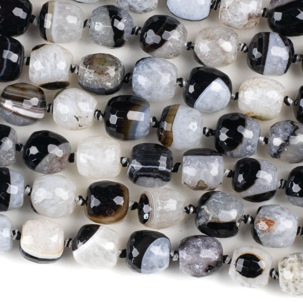 Black and White Agate 13x13mm Faceted Drum Beads - 16 inch knotted strand