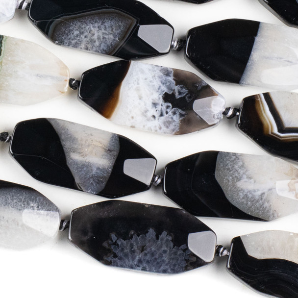 Black and White Agate 21x46mm Faceted Oval Beads - 17 inch knotted strand