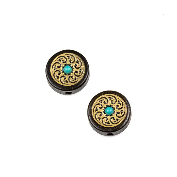 Carved Wood Focal Bead - 16mm Sandalwood Coin with Brass Small Waves and Blue Howlite Center, 1 per bag
