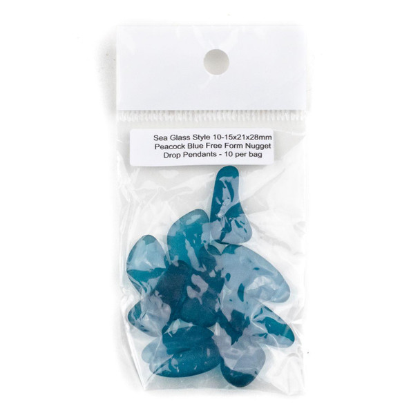 Cherry Tree Beads Matte Glass, Sea Glass Style 10-15x21x28mm Peacock Blue Free Form Nugget Drop Pendants - 10 per bag 