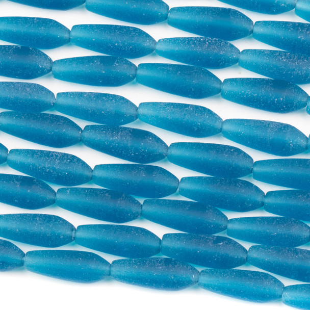 Matte Glass, Sea Glass Style 6x18mm Peacock Blue Rounded Teardrop Beads - 4 inch strand