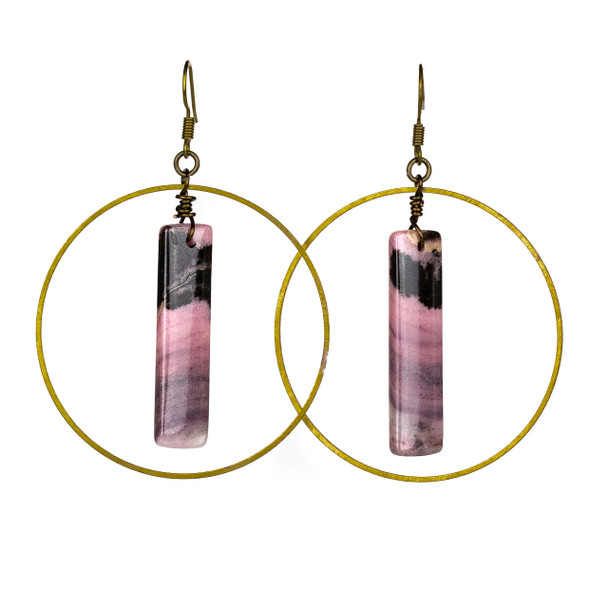 Rhodonite Rectangle Drop & Hoop Earrings - #22