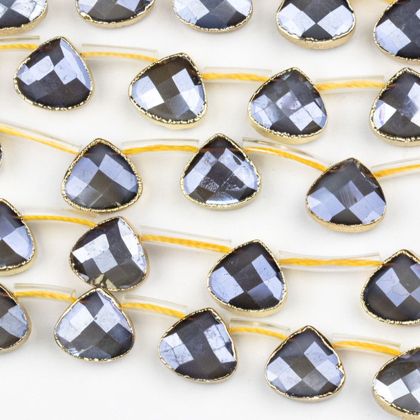 Crystal 12x13mm Opaque Grey Faceted Top Drilled Teardrop Beads with Golden Foil Edges - 7 inch strand