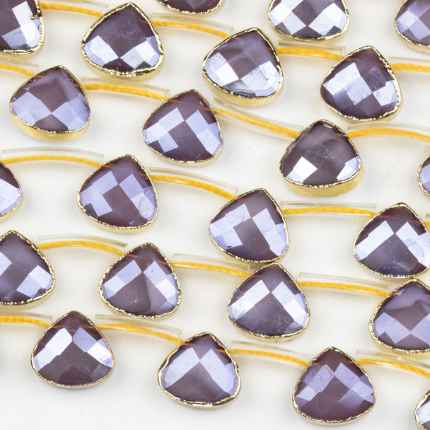 Crystal 12x13mm Opaque Purple Faceted Top Drilled Teardrop Beads with Golden Foil Edges - 7 inch strand