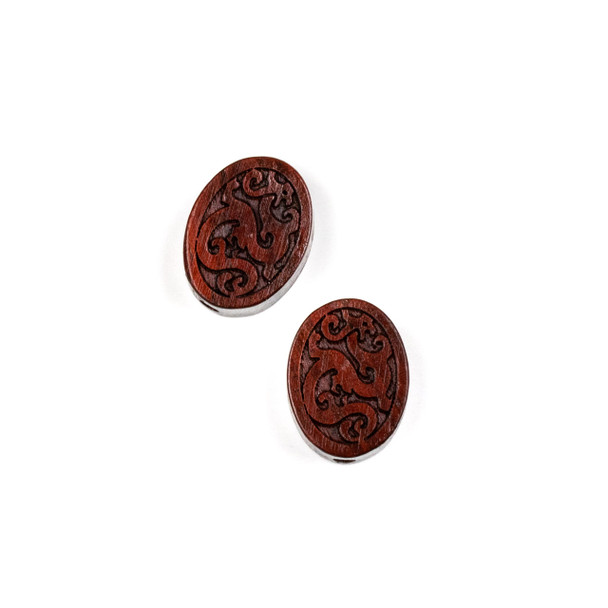 Carved Wood Focal Bead - 13x17mm Sandalwood Oval with Vines, 1 per bag