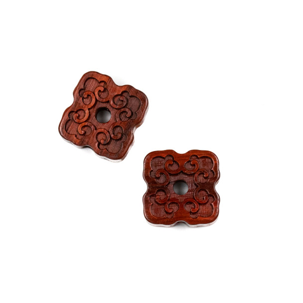 Carved Wood Focal Bead - 16mm Sandalwood Square with Vines and Cutout Center, 1 per bag