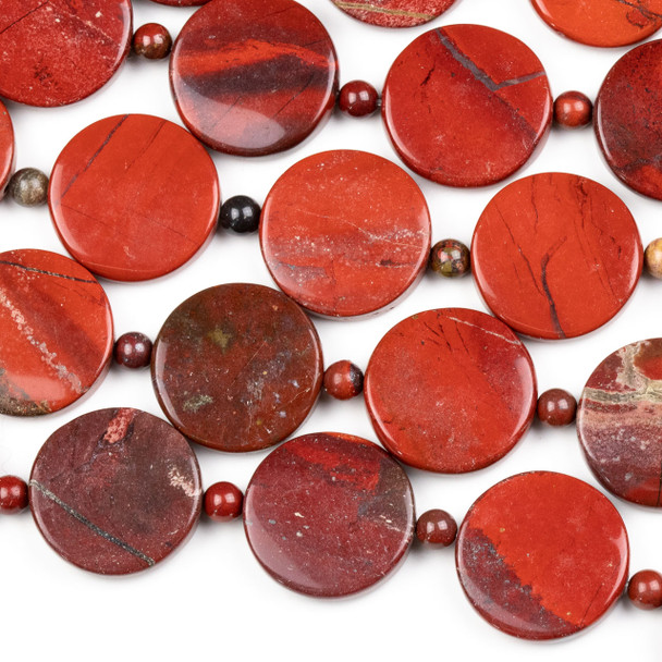 Apple Jasper 18mm Convex Coin Beads alternating with 4mm Round Beads - 16 inch strand