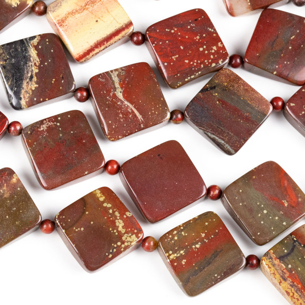 Apple Jasper 18mm Diagonally Drilled Square Beads alternating with 4mm Round Beads - 15 inch strand