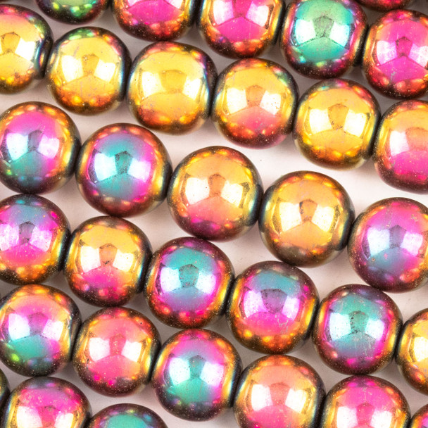 Hematite 10mm Electroplated Fuchsia Rainbow Round Beads - approx. 8 inch strand