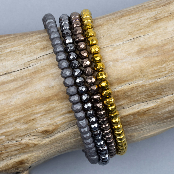 Cherry Tree Beads Synthetic Hematite 3x4mm Faceted Rondelle Beads in colors Natural (Matte),  Natural (Gloss), Bronze, and Gold