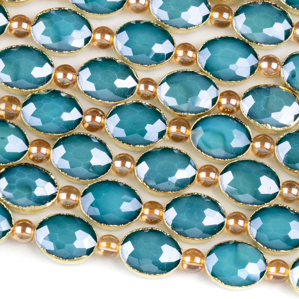 Crystal 12x16mm Opaque Blue Faceted Oval Beads with Golden Foil Edges - 8 inch strand