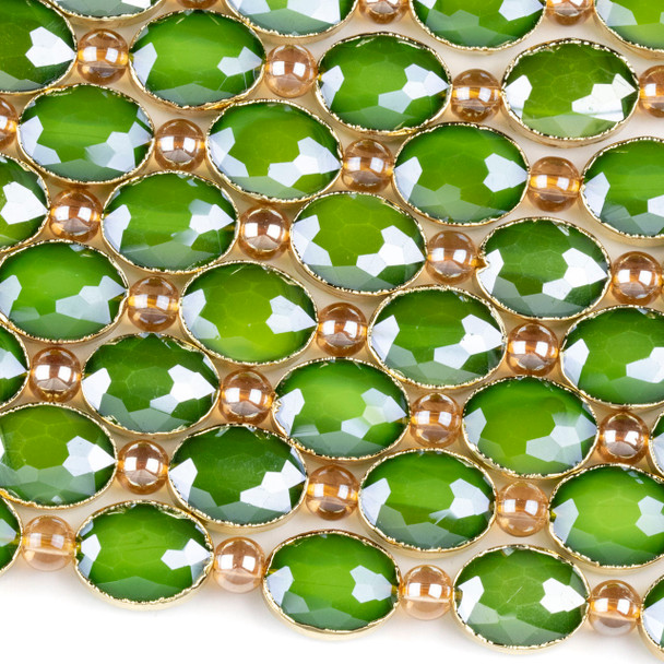 Crystal 12x16mm Opaque Green Faceted Oval Beads with Golden Foil Edges - 8 inch strand