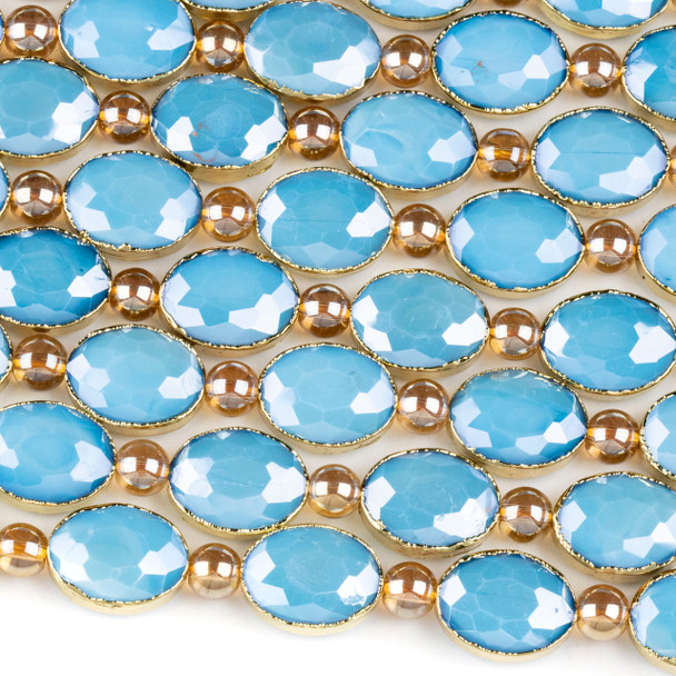 Crystal 12x16mm Opaque Turquoise Blue Faceted Oval Beads with Golden Foil Edges - 8 inch strand