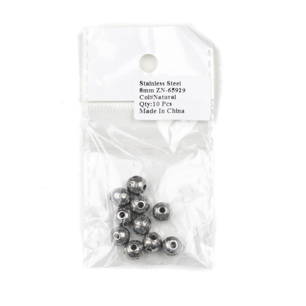 Natural Stainless Steel 8mm Guru Bead with Tribal Band - ZN-65929, 10 per bag