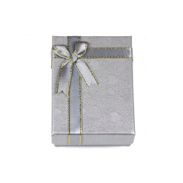 Jewelry Gift Box - Silver with Hearts and Ribbon, 2.5x3.5"