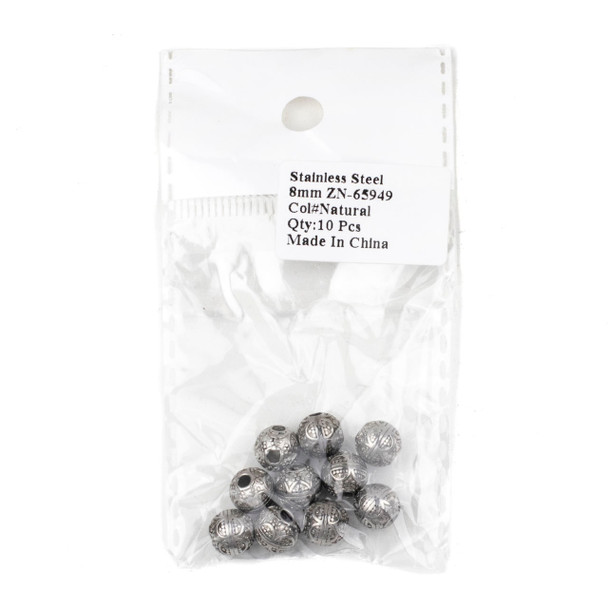 Natural Stainless Steel 8mm Guru Bead with Arches - ZN-65949, 10 per bag