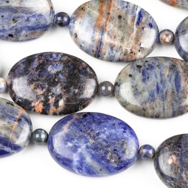 Sodalite 24x32mm Puffed Oval Beads alternating with 6mm Round Beads - 14 inch strand