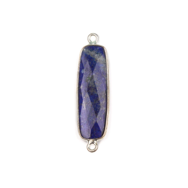 Lapis 9x35mm Faceted Rounded Rectangle Link with a Silver Plated Brass Bezel - 1 per bag