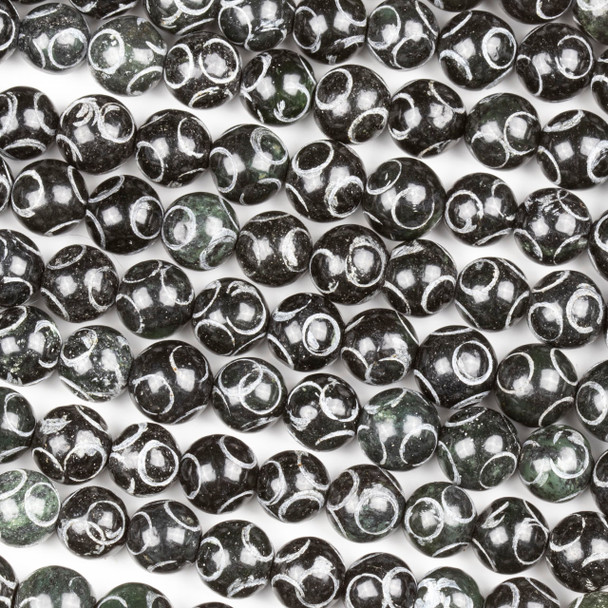 Black Jade 8mm Carved Round Beads with Circles - 15.5 inch strand