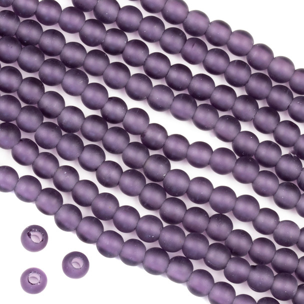 Large Hole Matte Glass, Sea Glass Style 6mm Lilac Purple Round Beads - 8 inch strand