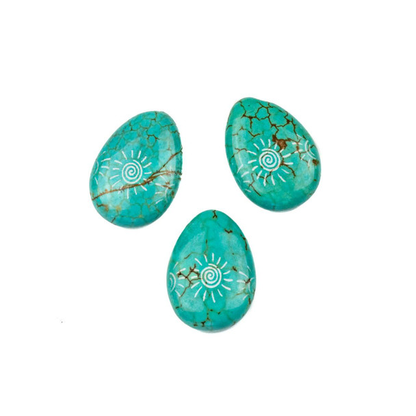 Jamie's Jems Dyed Turquoise Howlite 18x25mm Etched Tribal Spiral Sun Top Drilled Teardrop Pendant - 1 per bag 