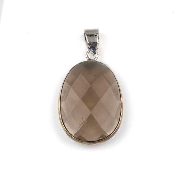 Smoky Quartz 17x26mm Oval Pendant Drop with a Silver Plated Brass Bezel and 7mm Bail - 1 per bag