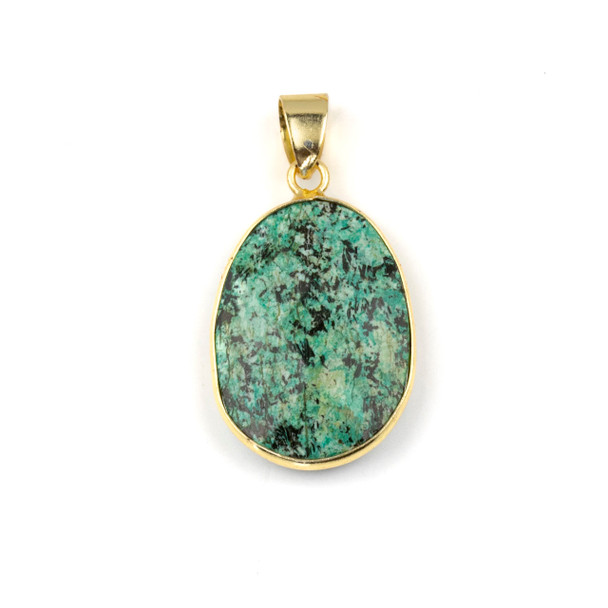 African Turquoise 17x26mm Oval Pendant Drop with a Brass Plated Base Metal Bezel and 7mm Bail - 1 per bag