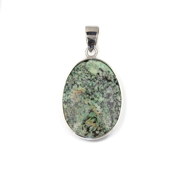 African Turquoise 17x26mm Oval Pendant Drop with a Silver Plated Brass Bezel and 7mm Bail - 1 per bag