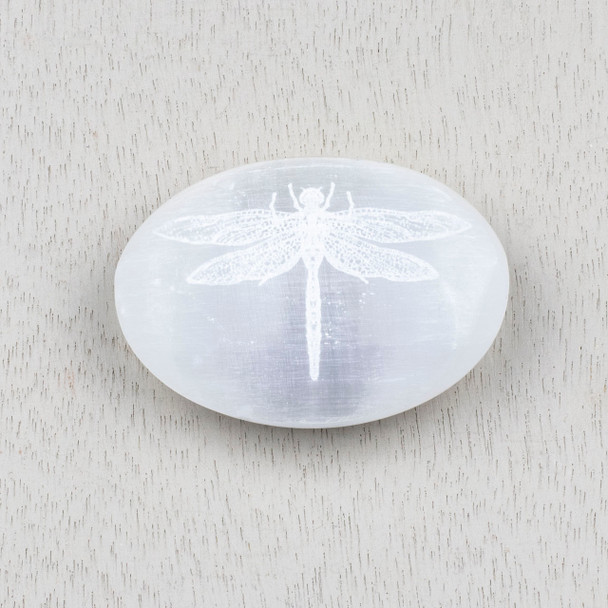 Selenite 2.5 inch Dragonfly Engraved Palm Stone