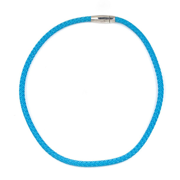Bright blue braided polyester cord necklace with 5mm cord, 18 inches long, finished with a stainless steel magnetic clasp, from Cherry Tree Beads