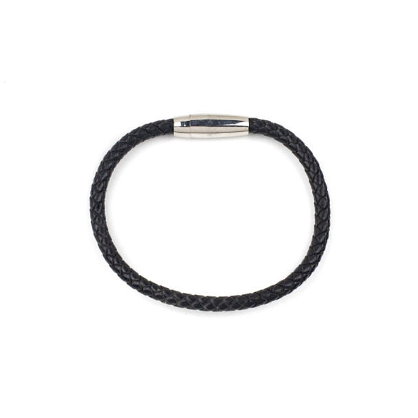 Braided Leather Bracelet - Black, 5mm, 8 inch, Stainless Steel Magnetic Clasp