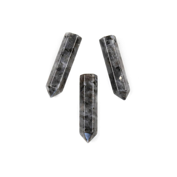 Black Labradorite/Larvikite 8x31mm natural gemstone hexagonal point pendant, single terminated with a flat top and top-drilled hole, ideal for jewelry making.
