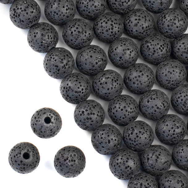 Large Hole Waxed Black Lava 12mm Round Beads with a 2.5mm Drilled Hole - approx. 8 inch strand