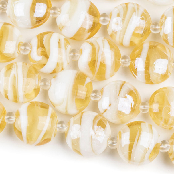 Handmade Lampwork Glass 16mm Champagne Coin Beads with Cream Swirls