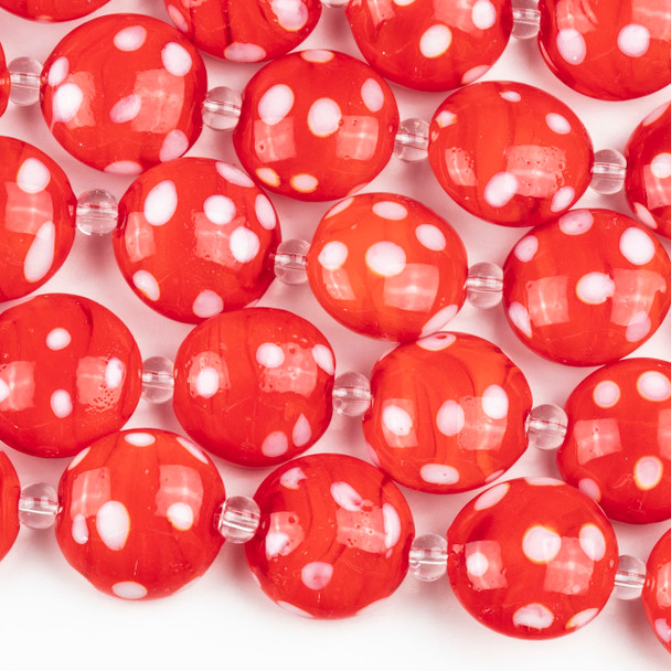 Handmade Lampwork Glass 16mm Red Coin Beads with White Dots