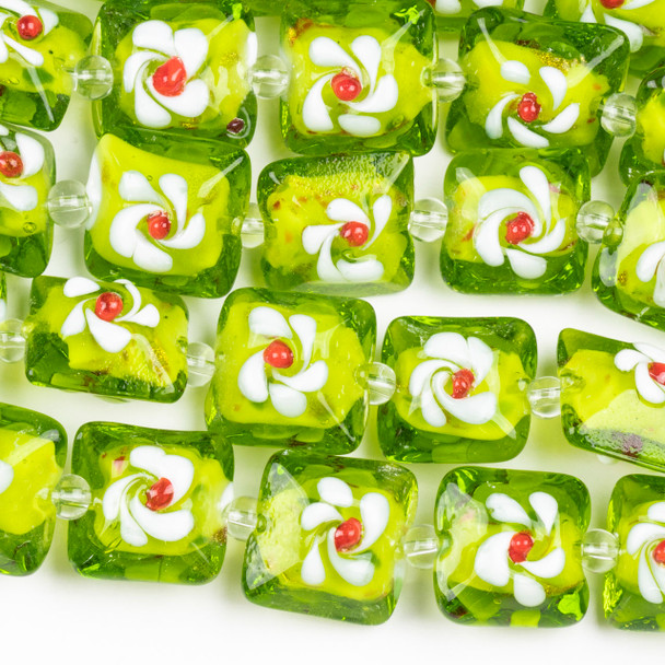 Handmade Lampwork Glass 16mm Lime Green Puff Square Beads with Flower