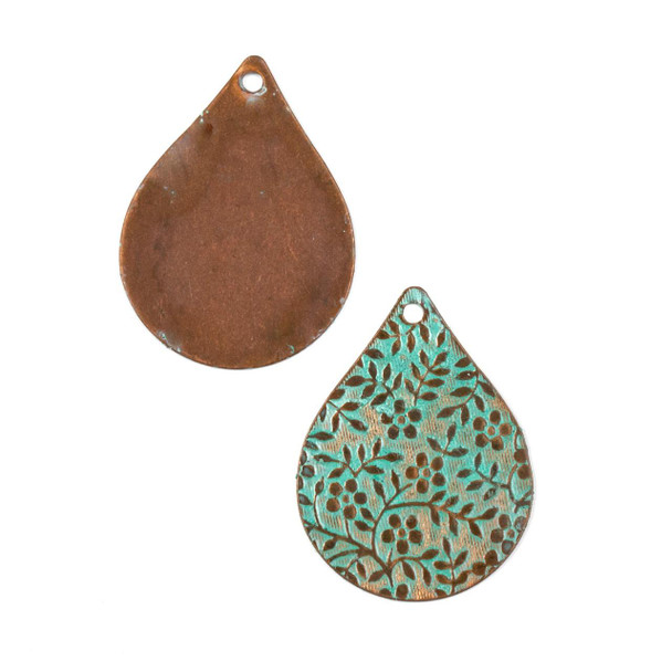 Cherry Tree Beads Copper Component 22x28mm Green Patina Teardrop Drop with Stamped Flower and Vine Pattern - 1 piece 