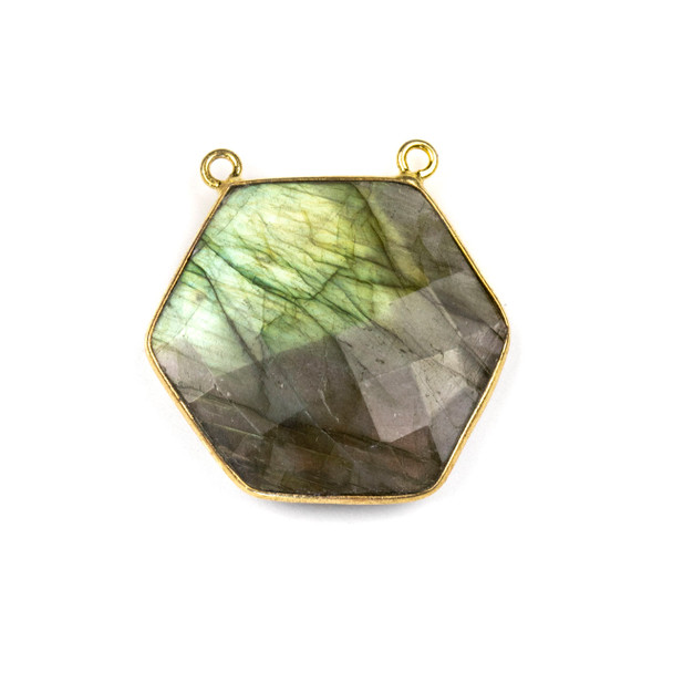 Labradorite 29mm Faceted Hexagon Pendant Drop with a Gold Plated Brass Bezel and 2 Loops - 1 per bag