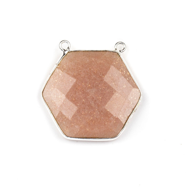 Peach Moonstone 29mm Faceted Hexagon Pendant Drop with a Silver Plated Brass Bezel and 2 Loops - 1 per bag