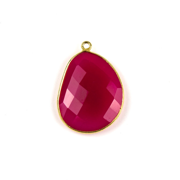 Hot Pink Chalcedony 22x30mm Faceted Free Form Drop with a Gold Plated Brass Bezel and Loop - 1 per bag