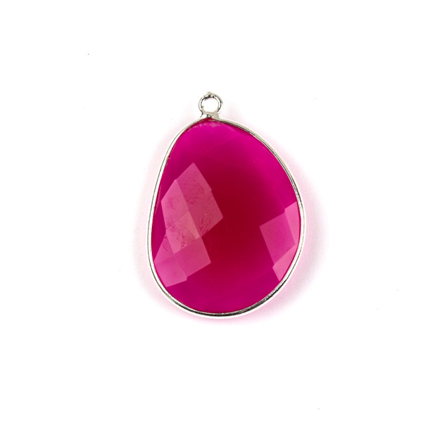 Hot Pink Chalcedony 22x30mm Faceted Free Form Drop with a Silver Plated Brass Bezel and Loop - 1 per bag