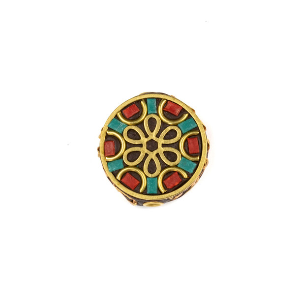 Tibetan Brass 22mm Coin Bead with Flower, Semi Circles, and Red Coral and Turquoise Howlite Inlay - 1 per bag