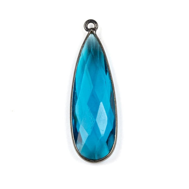 London Blue Quartz approximately 11x34mm Faceted Long Teardrop Drop with a Gun Metal Plated Brass Bezel