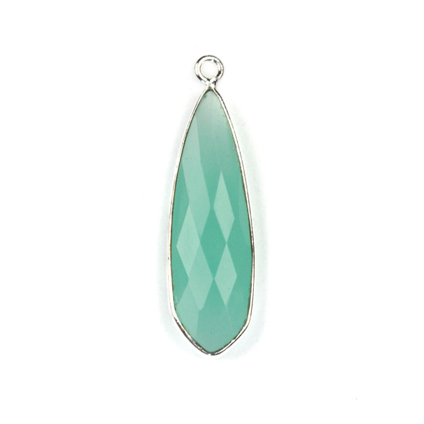 Aqua Chalcedony approximately 10x32mm Slightly Pointed Teardrop Drop with a Silver Plated Brass Bezel - 1 per bag