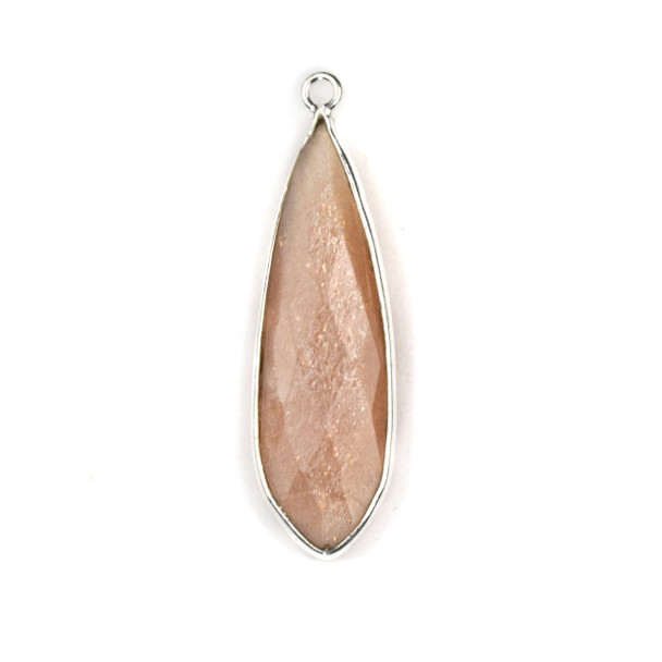 Peach Moonstone approximately 10x32mm Slightly Pointed Teardrop Drop with a Silver Plated Brass Bezel - 1 per bag