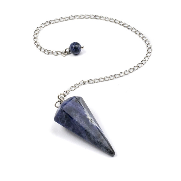 Faceted Sodalite 20x40mm Pendulum with 7" Silver Plated Brass Chain and 6mm Round Bead - 1 per bag